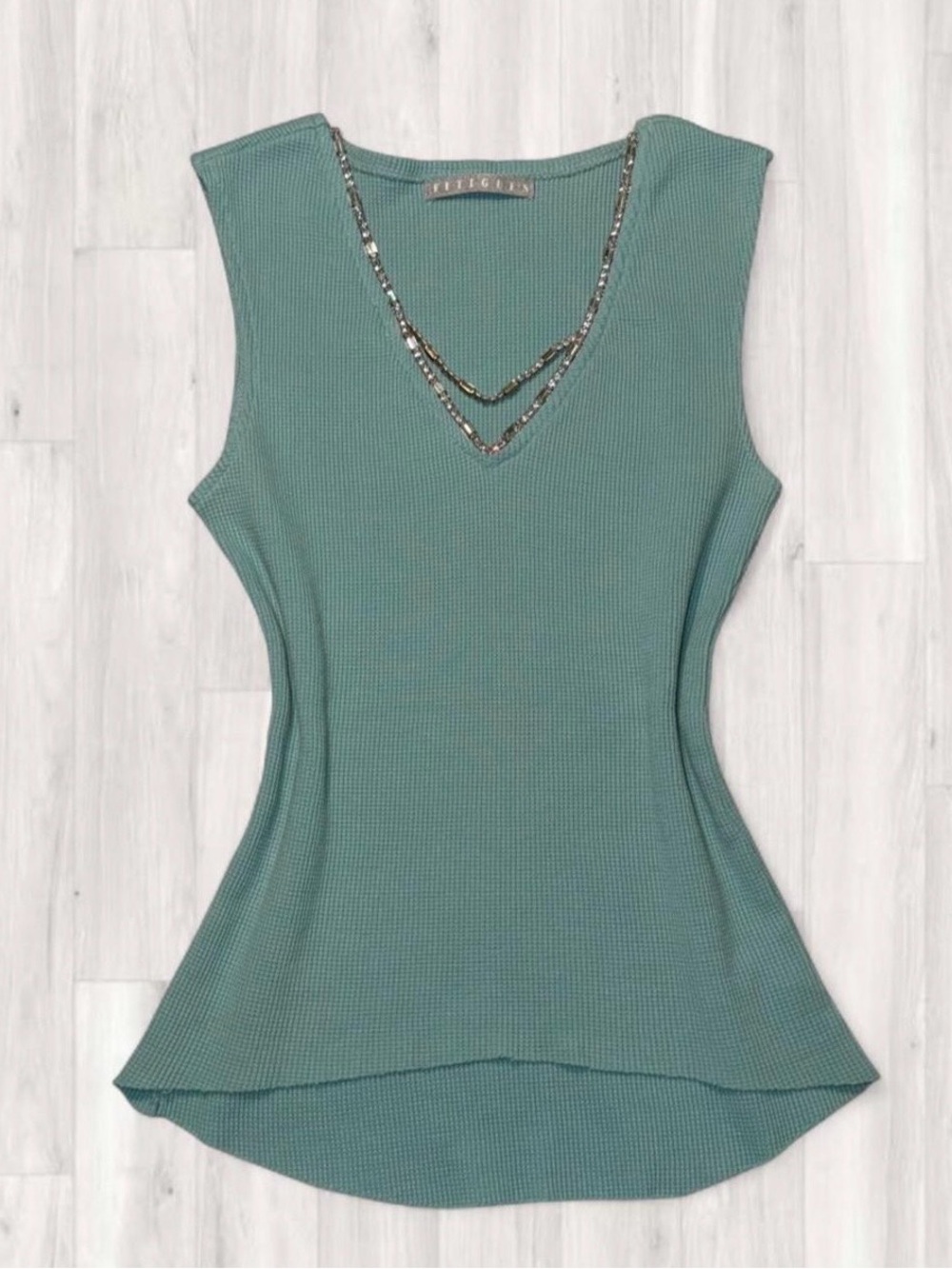 Fitigues Sleeveless Waffle V-Neck Teal Top with Chain Detail Size S